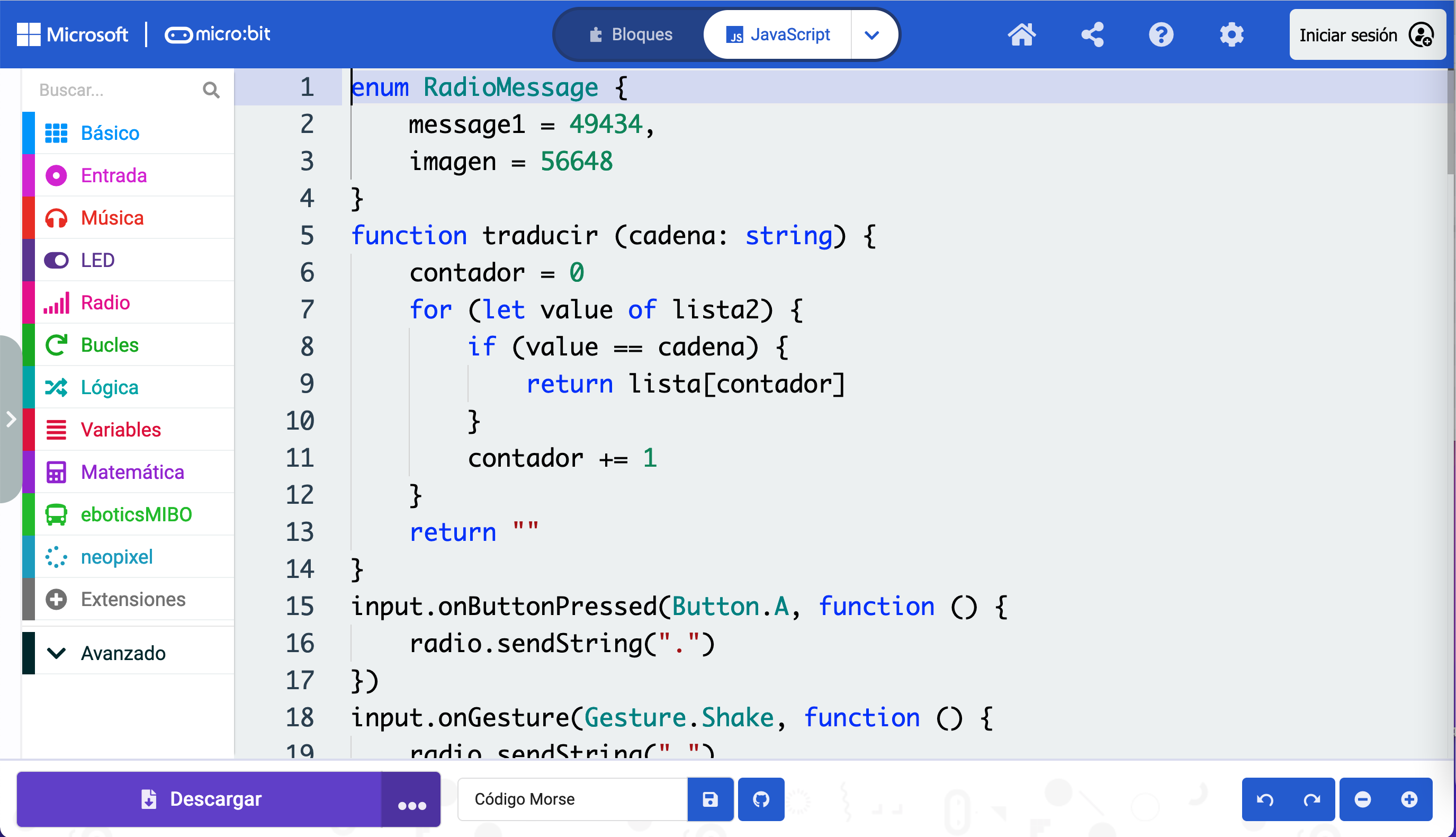 Código de Micro:bit convertido a Javascript