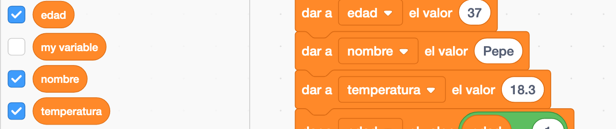 Ejemplo de variables en Scratch