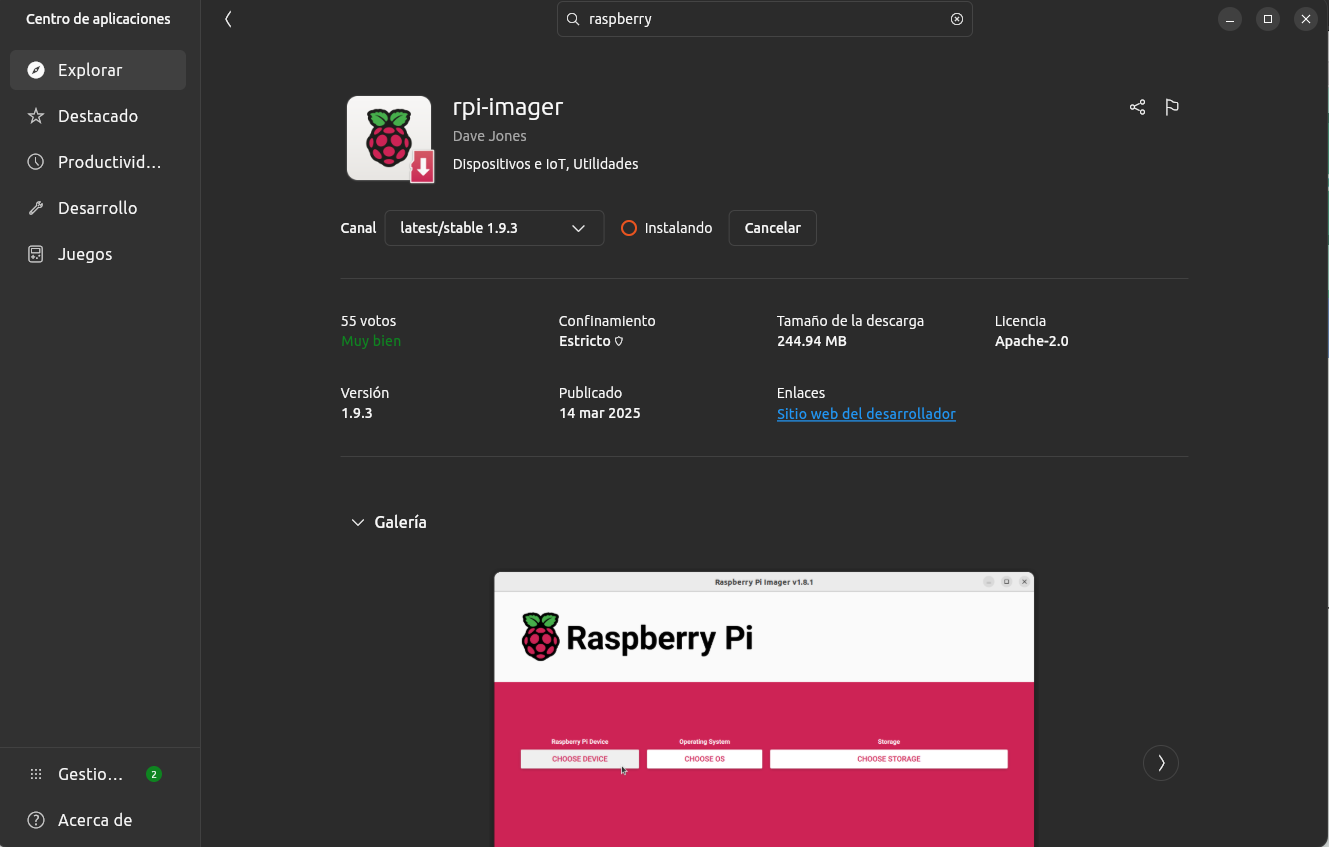 Descarga del programa en Centro de Software de Ubuntu