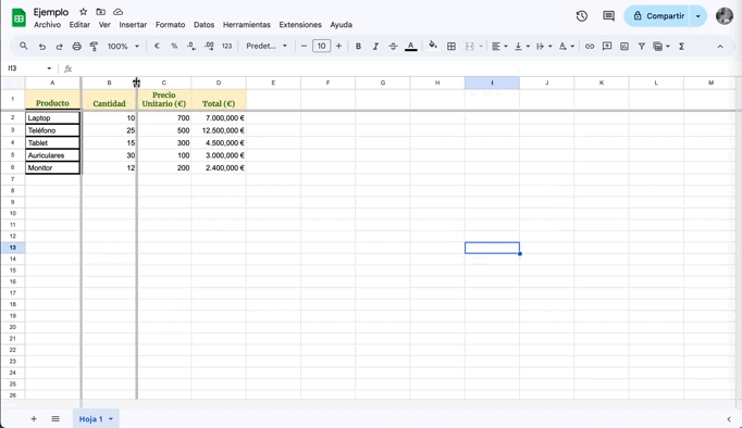 Tamaño de Filas y Columnas
